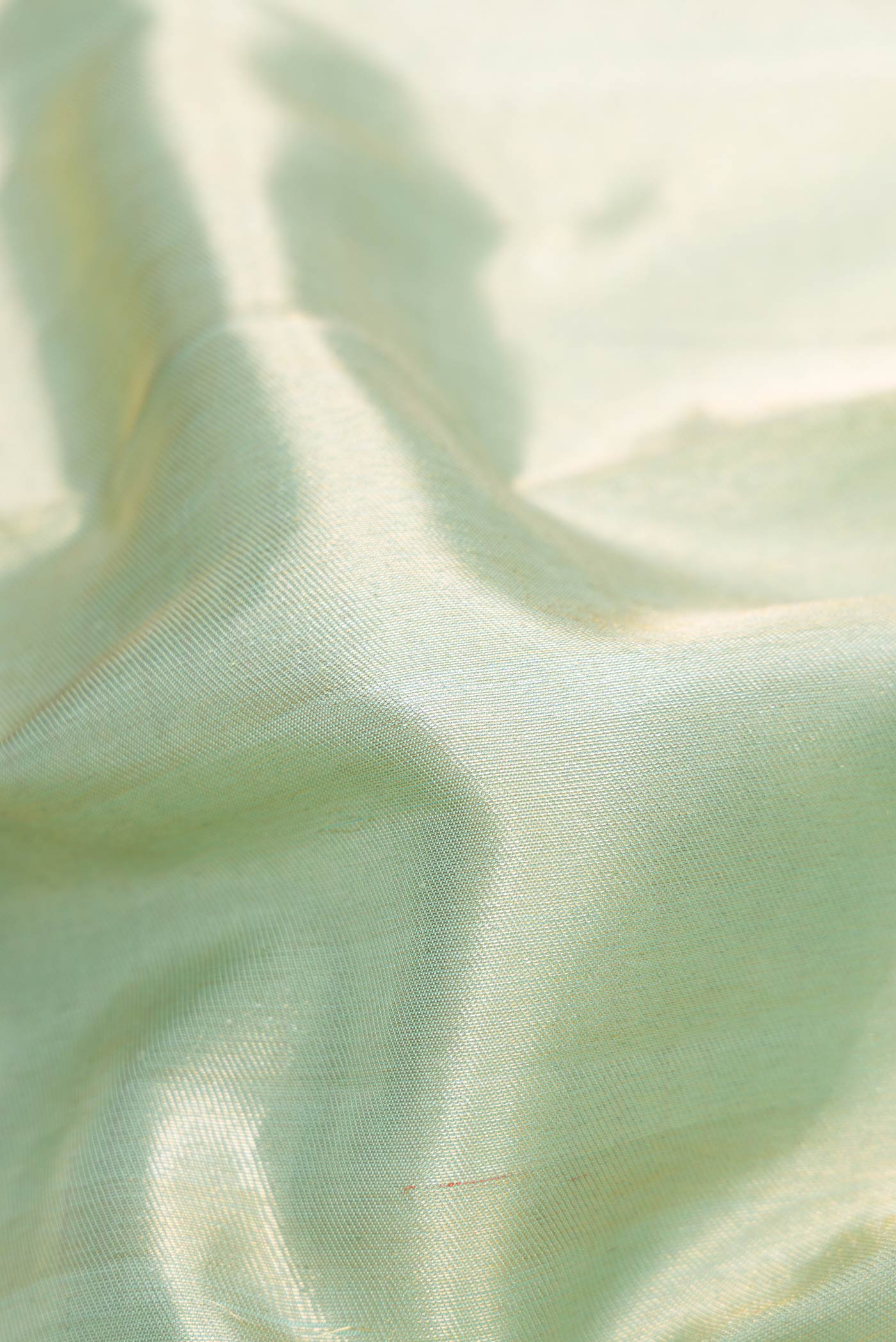 Close up of Light Green Dual Tone Kanchipuram Silk Saree with Zari Brocade on the body and Zari Border.  displaying folds