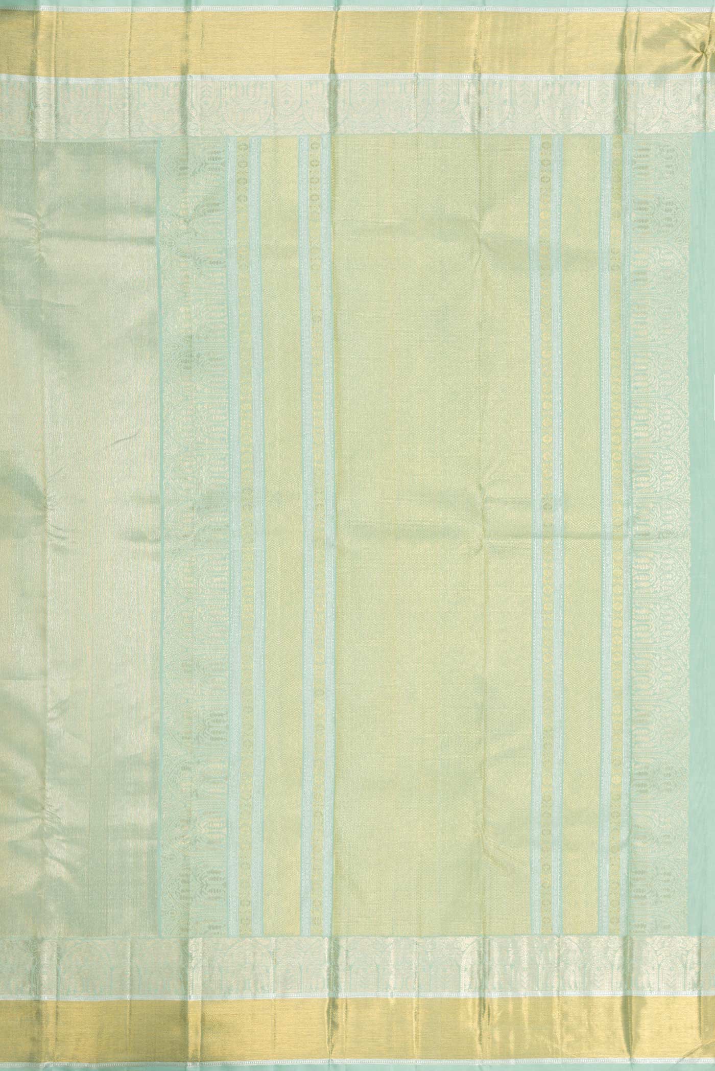 Close up image of the pallu of Light Green Dual Tone Kanchipuram Silk Saree with Zari Brocade on the body and Zari Border. 