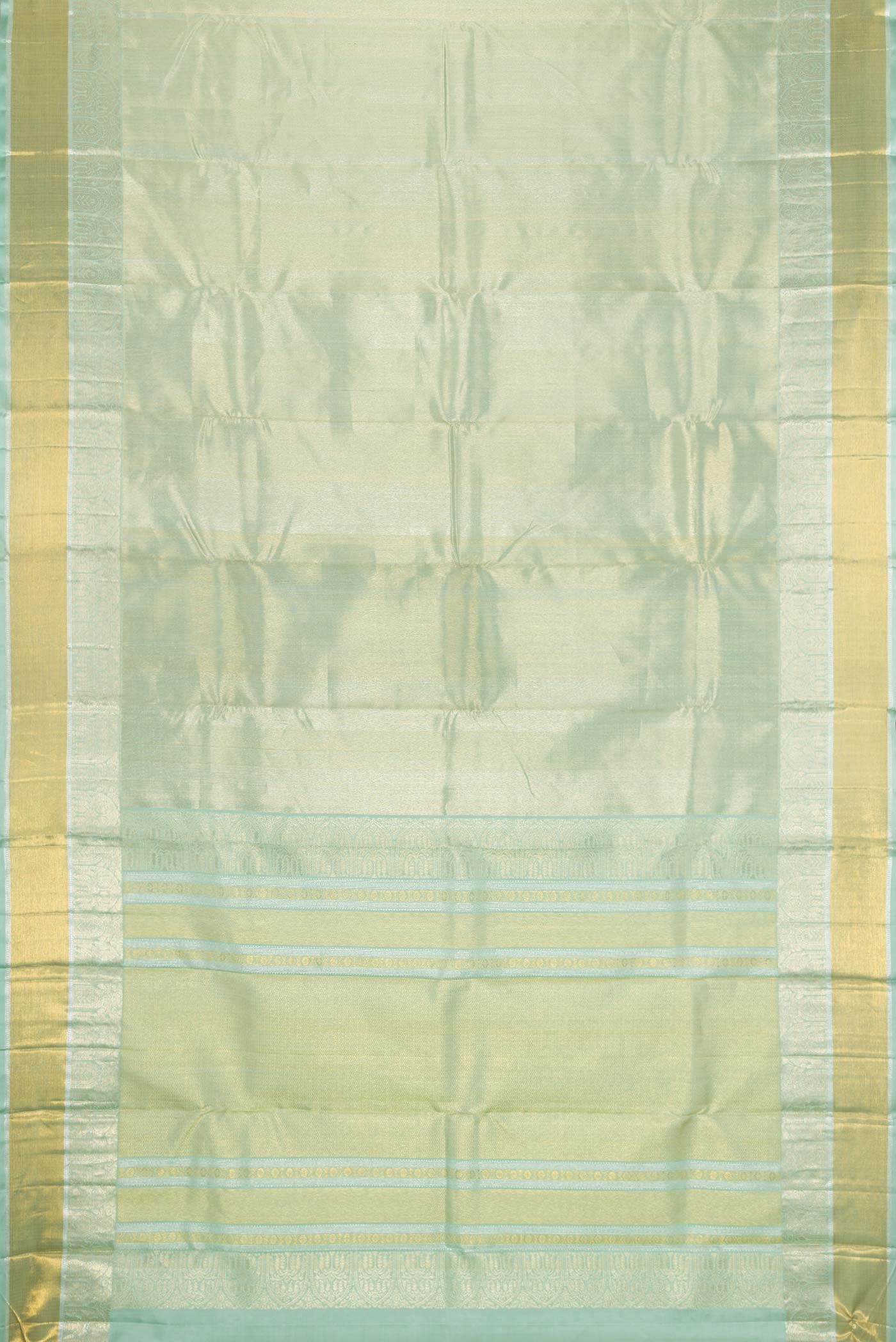 Flat view of Light Green Dual Tone Kanchipuram Silk Saree with Zari Brocade on the body and Zari Border. 