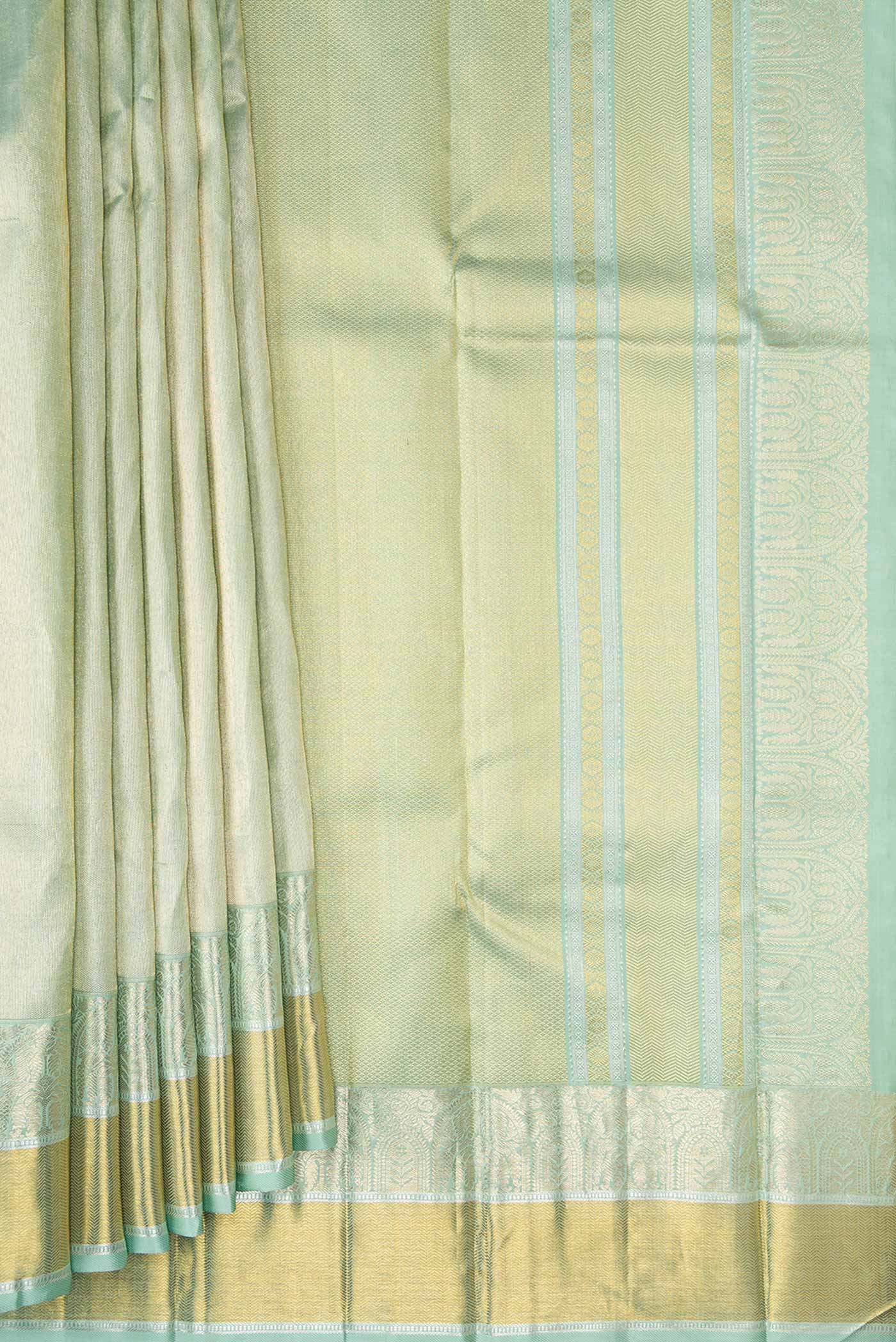 Pleats and pallu of Light Green Dual Tone Kanchipuram Silk Saree with Zari Brocade on the body and Zari Border. 