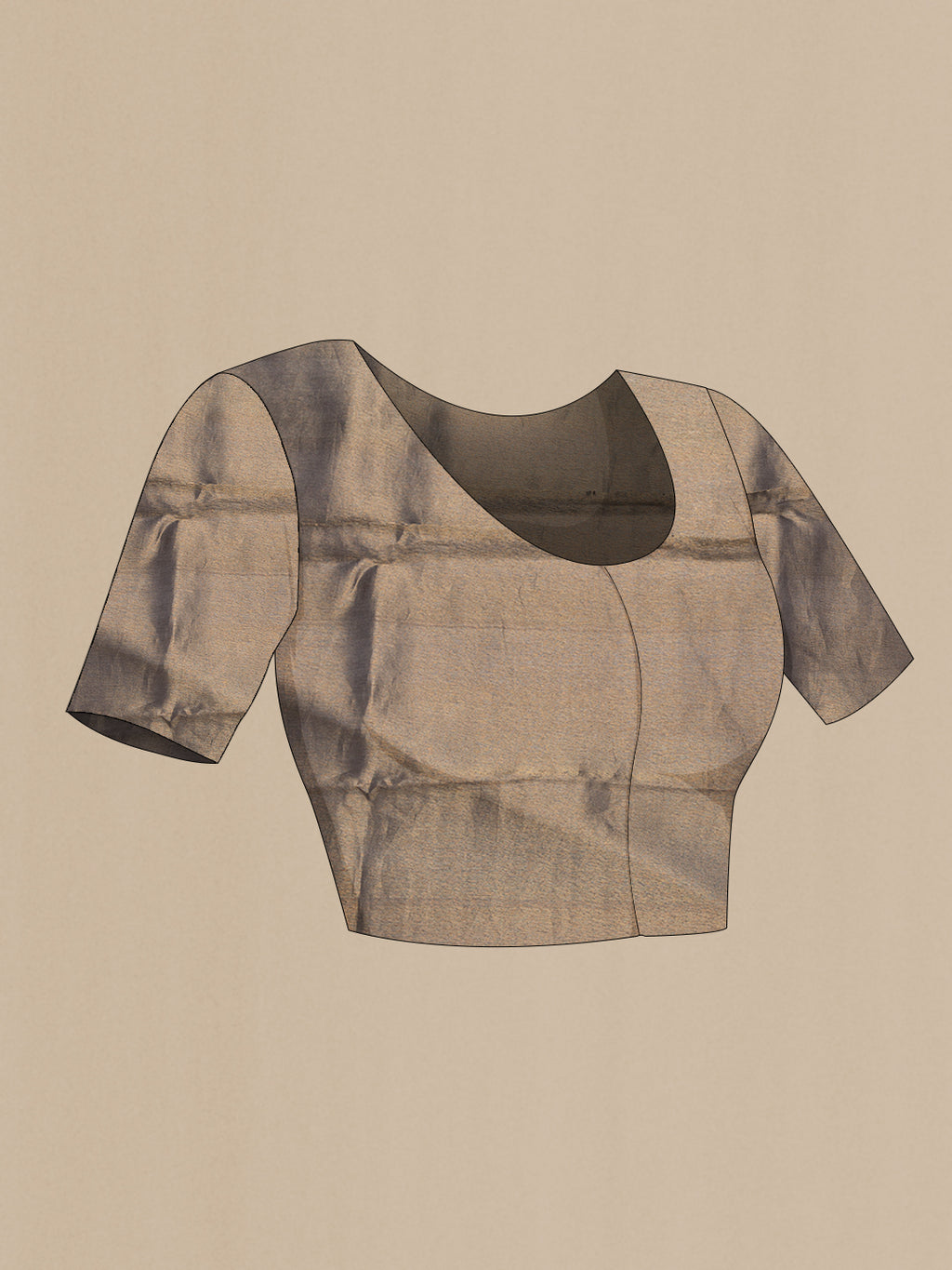 Close up image of the blouse of Sandal Dual Tone Organza Silk Saree with Stripes on the body and Without Border. 