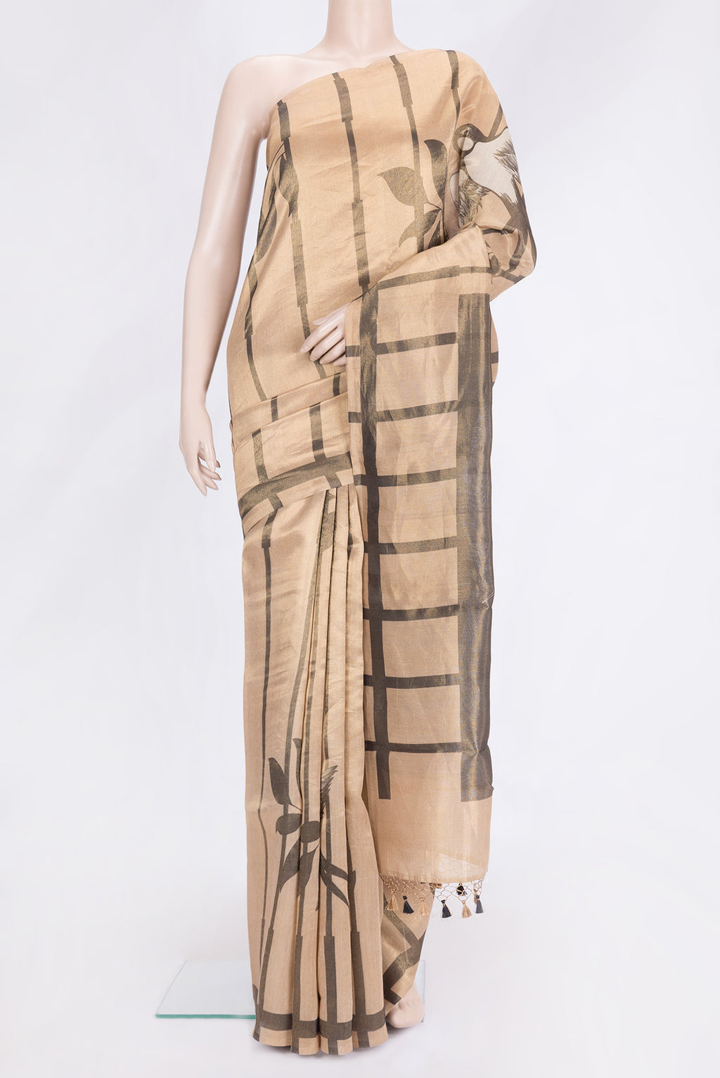 Sandal Dual Tone Organza Silk Saree with Stripes on the body and Without Border.  displayed on a mannequin