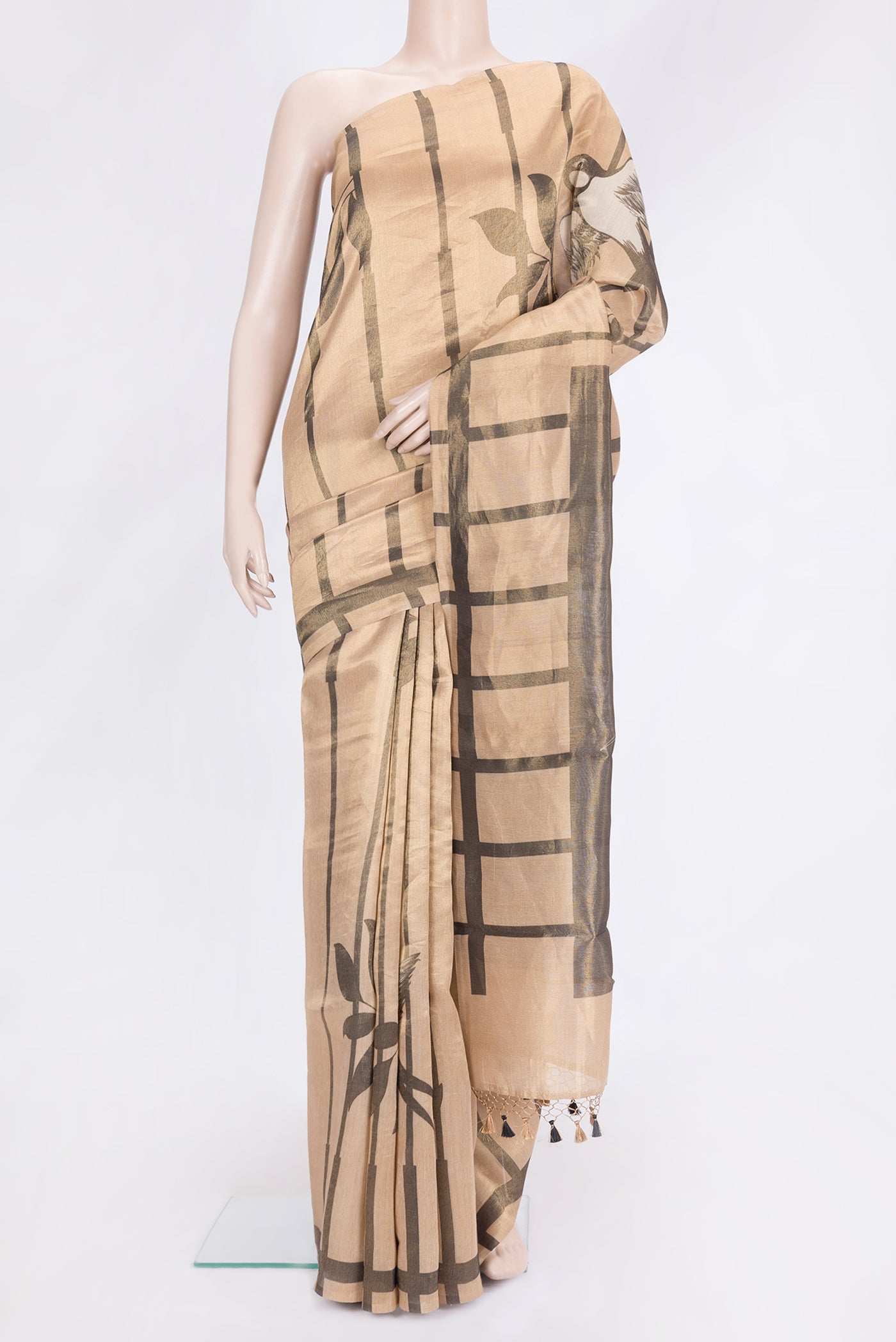 Sandal Dual Tone Organza Silk Saree with Stripes on the body and Without Border.  displayed on a mannequin