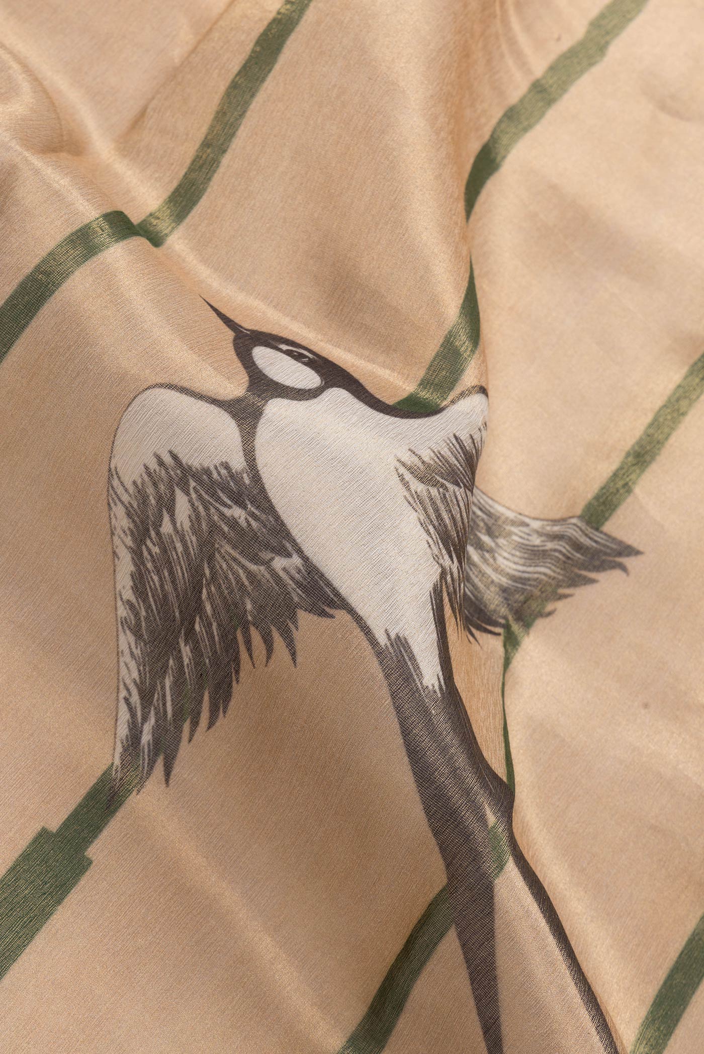 Close up of Gold Dual Tone Organza Silk Saree with Zari Brocade on the body and Without Border.  displaying folds