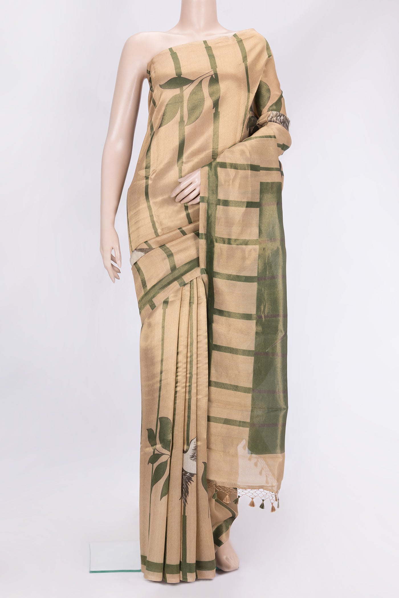 Gold Dual Tone Organza Silk Saree with Zari Brocade on the body and Without Border.  displayed on a mannequin