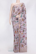 Lavender Dual Tone Tussar Silk Saree with Printed design on the body and Zari Border.  displayed on a mannequin