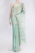 Sea Green Dual Tone Organza Silk Saree with Stripes on the body and Zari Border.  displayed on a mannequin