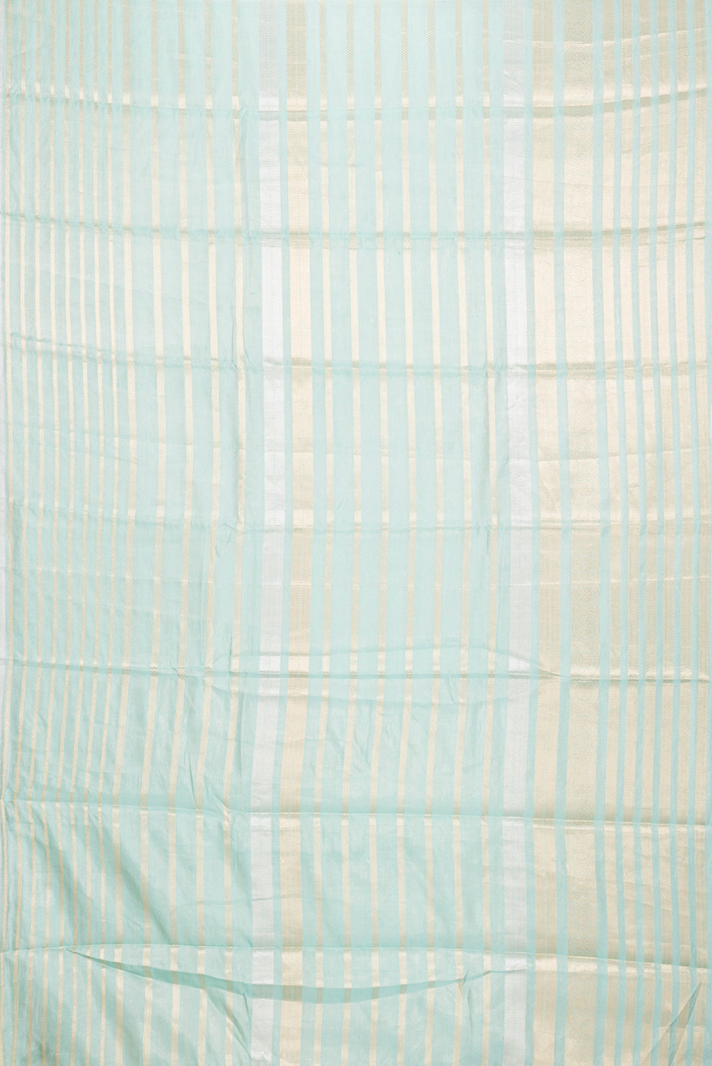 Flat view of Sea Green Dual Tone Organza Silk Saree with Stripes on the body and Zari Border. 