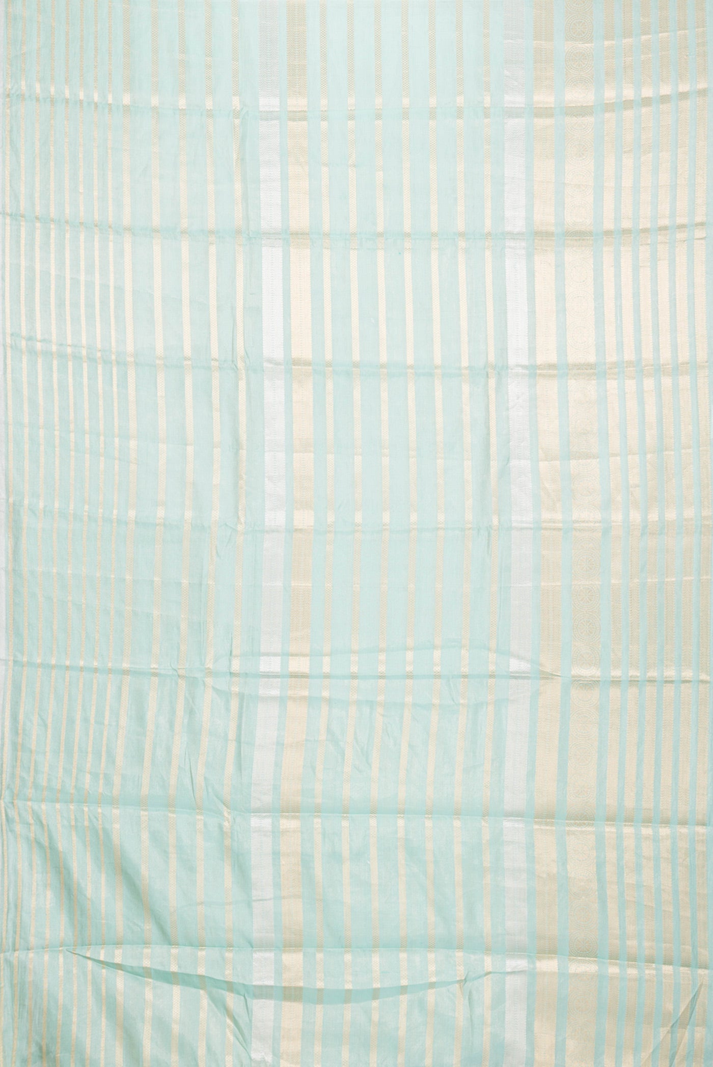 Flat view of Sea Green Dual Tone Organza Silk Saree with Stripes on the body and Zari Border. 