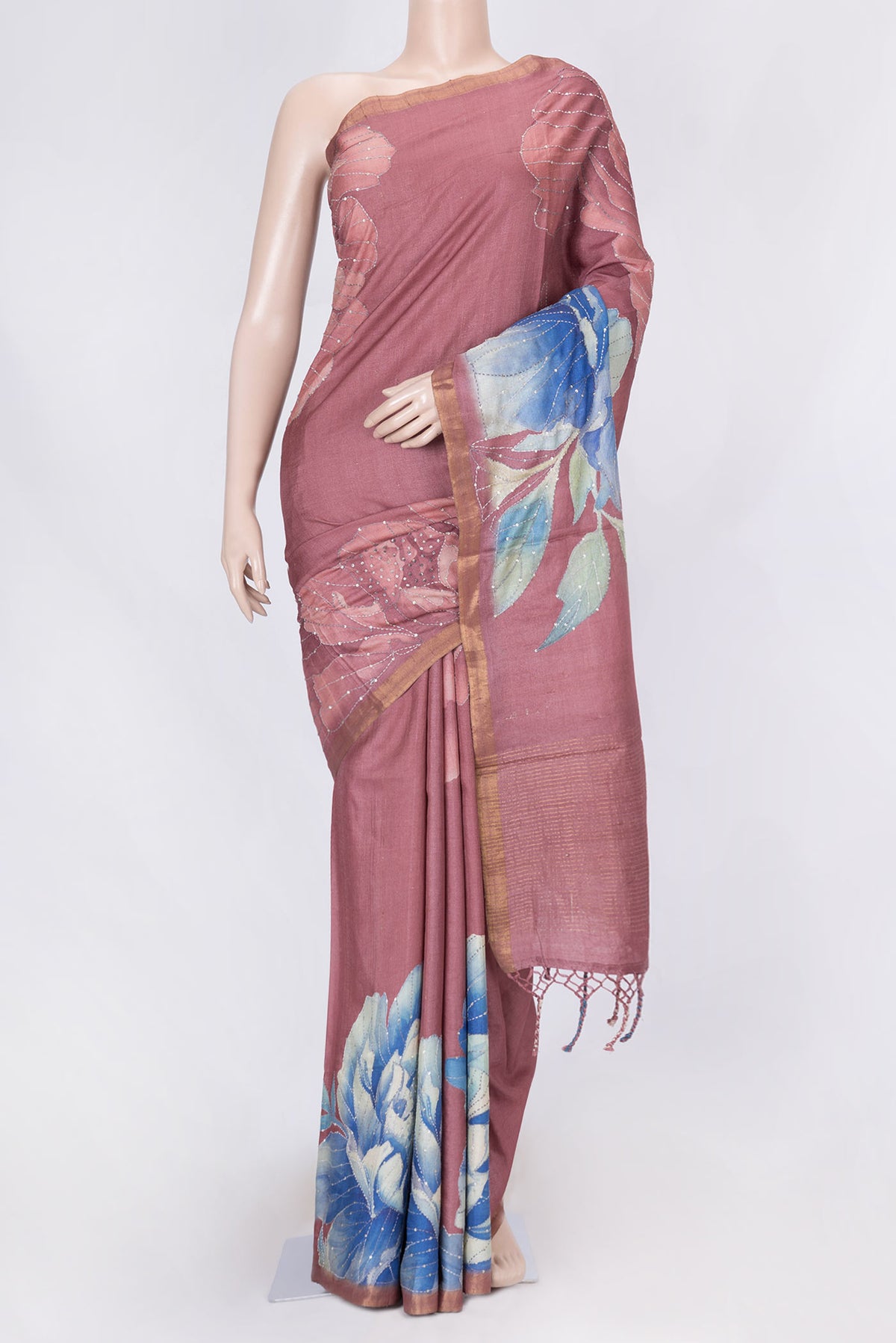 Blue Dual Tone Blended Tussar Silk Saree with Embroidery on the body and Zari Border displayed on a mannequin