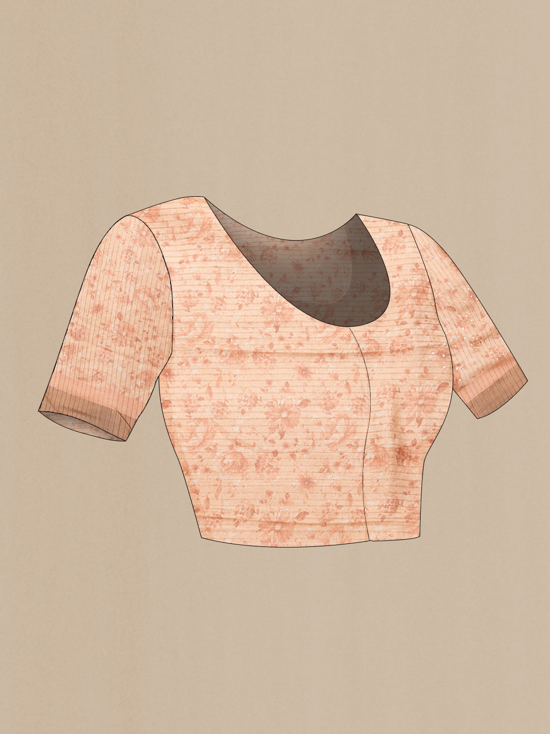 Close up image of the blouse of Peach Dual Tone Tussar Silk Saree with Embroidery on the body and Zari Border. 