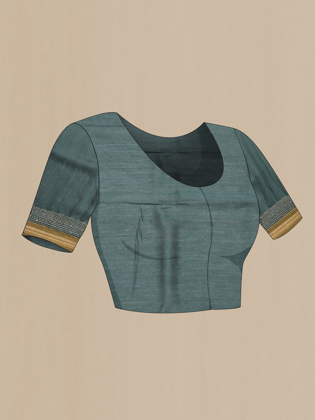 Close up image of the blouse of Mehandi Green Dual Tone Tussar Silk Saree with Embroidery on the body and Zari Border. 