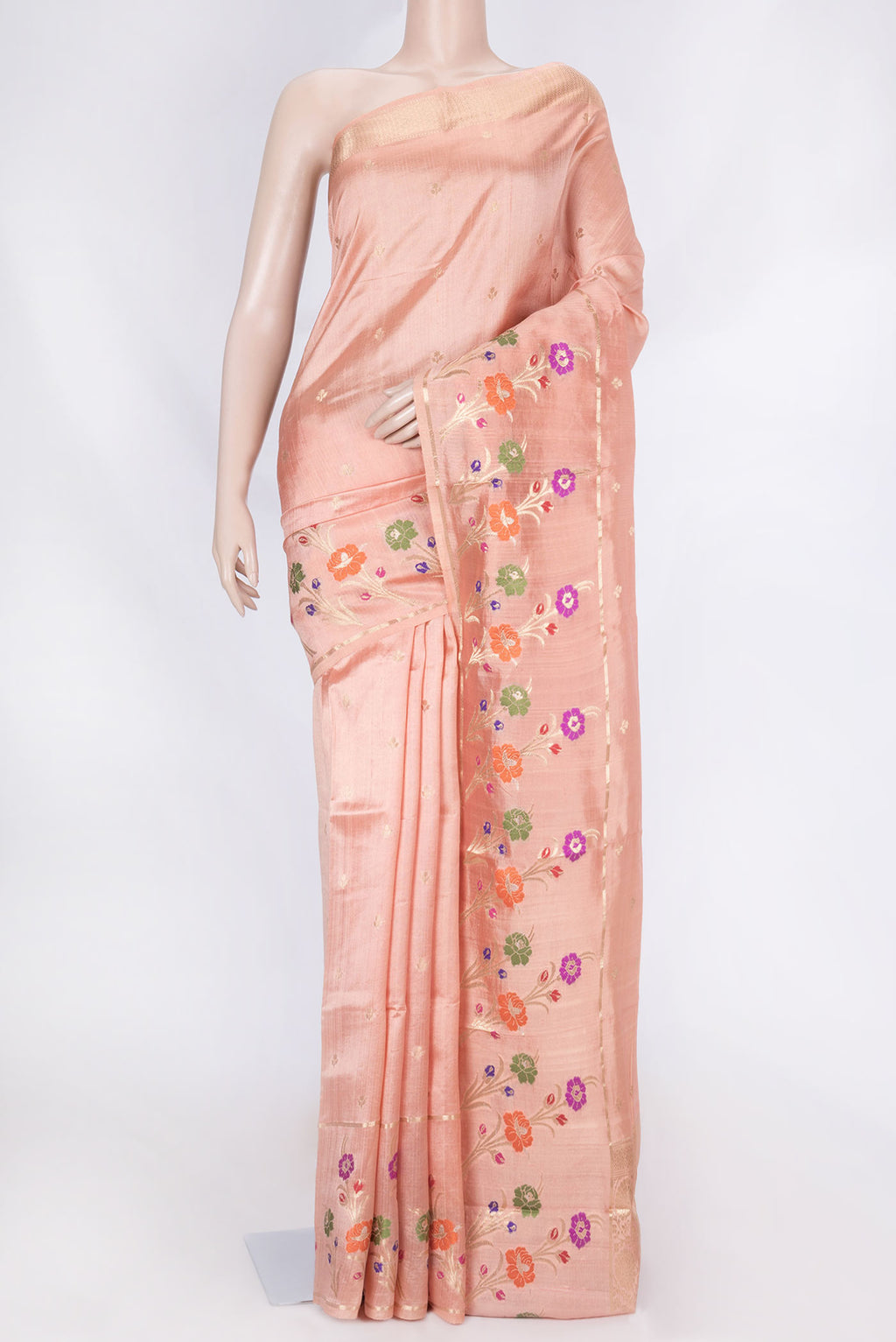 Peach Banarasi Raw Silk Saree with Zari Butta on the body and Zari And Thread Border displayed on a mannequin