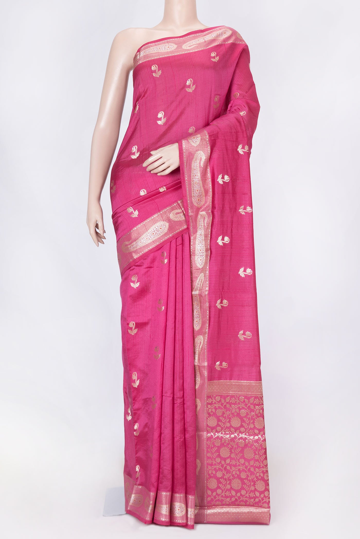Pink Dual Tone Tussar Silk Saree with Zari And Thread Butta on the body and Zari Border displayed on a mannequin