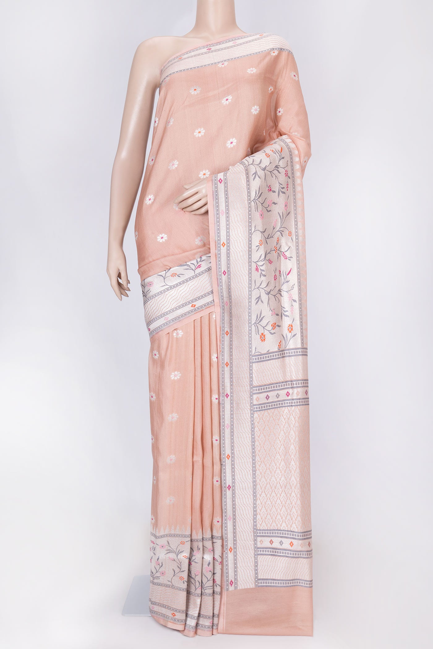 Pink Dual Tone Tussar Silk Saree with Zari And Thread Butta on the body and Zari Border displayed on a mannequin