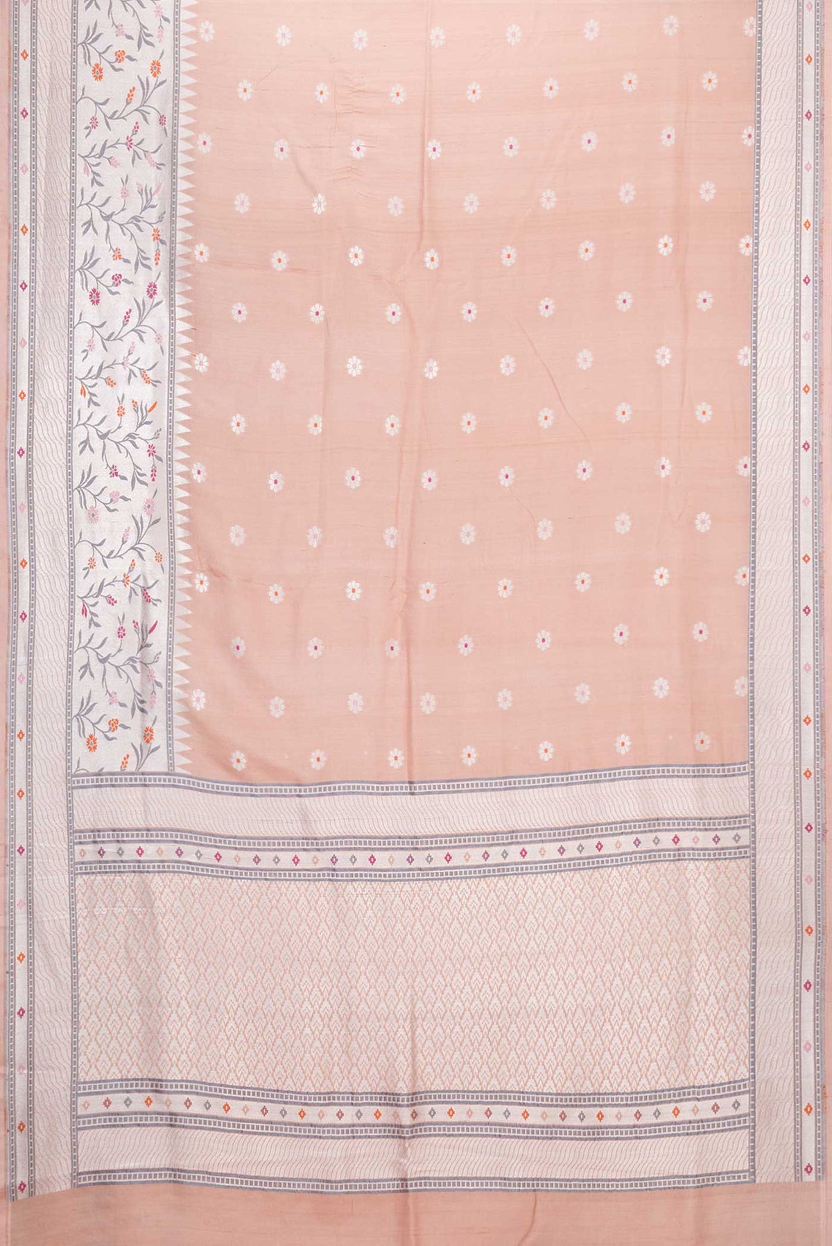 Flat view of Pink Dual Tone Tussar Silk Saree with Zari And Thread Butta on the body and Zari Border