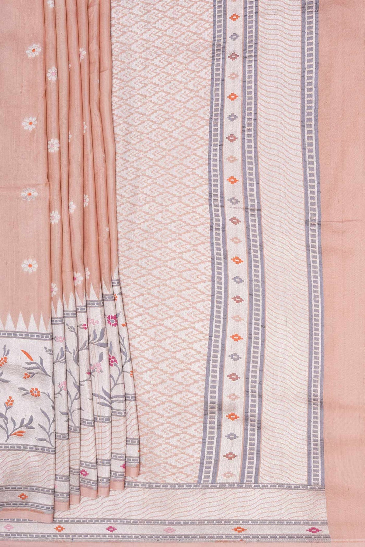 Pleats and pallu of Pink Dual Tone Tussar Silk Saree with Zari And Thread Butta on the body and Zari Border