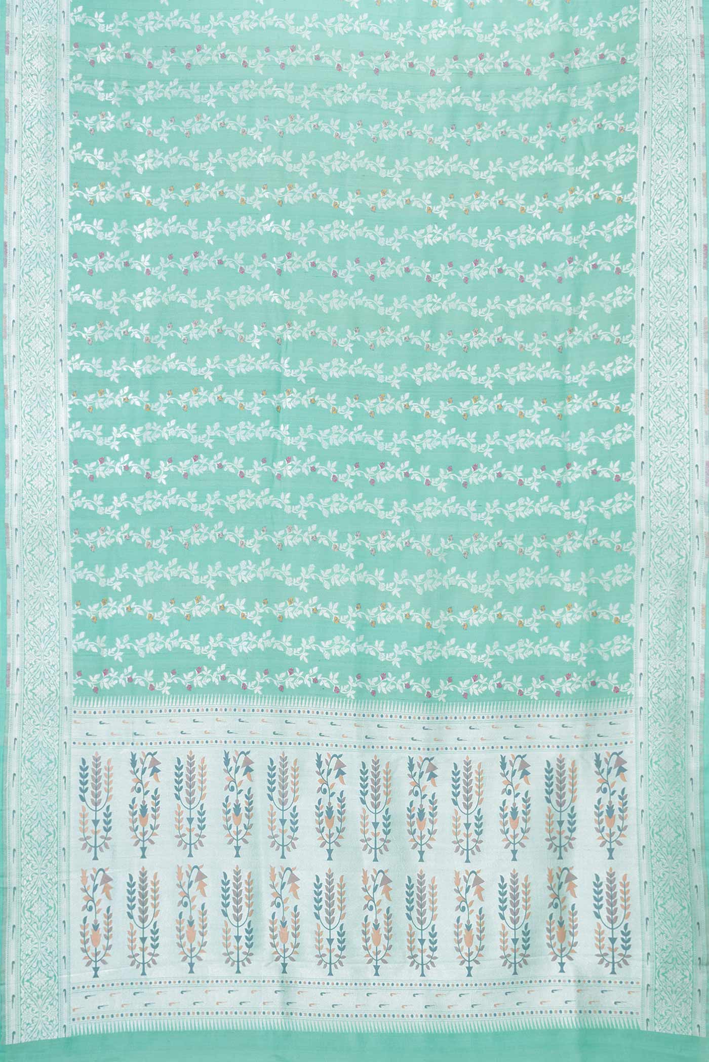 Flat view of Light Green Dual Tone Banarasi Silk Saree with Zari Brocade on the body and Zari Border