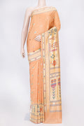 Golden Peach Dual Tone Tussar Silk Saree with Zari And Thread Butta on the body and Zari Border displayed on a mannequin