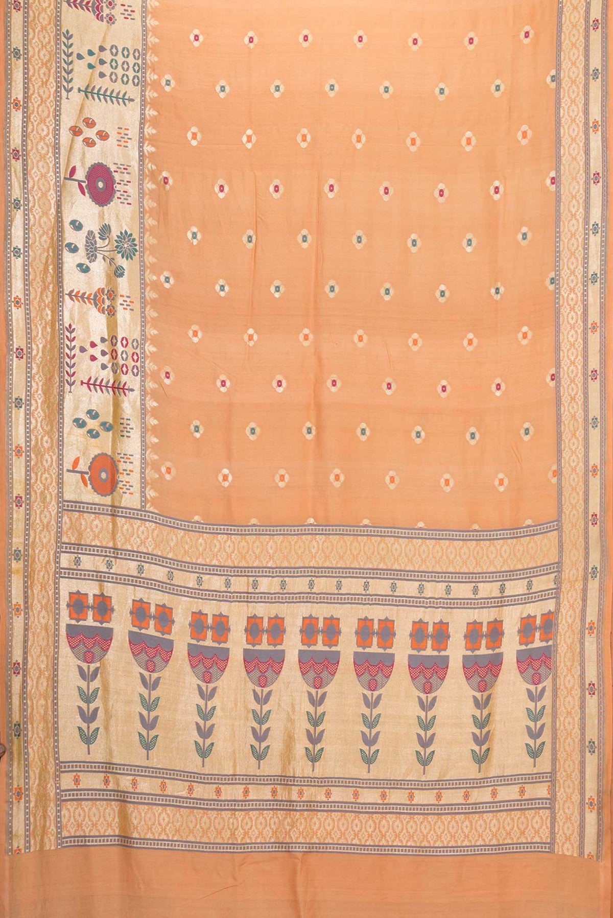 Flat view of Golden Peach Dual Tone Tussar Silk Saree with Zari And Thread Butta on the body and Zari Border