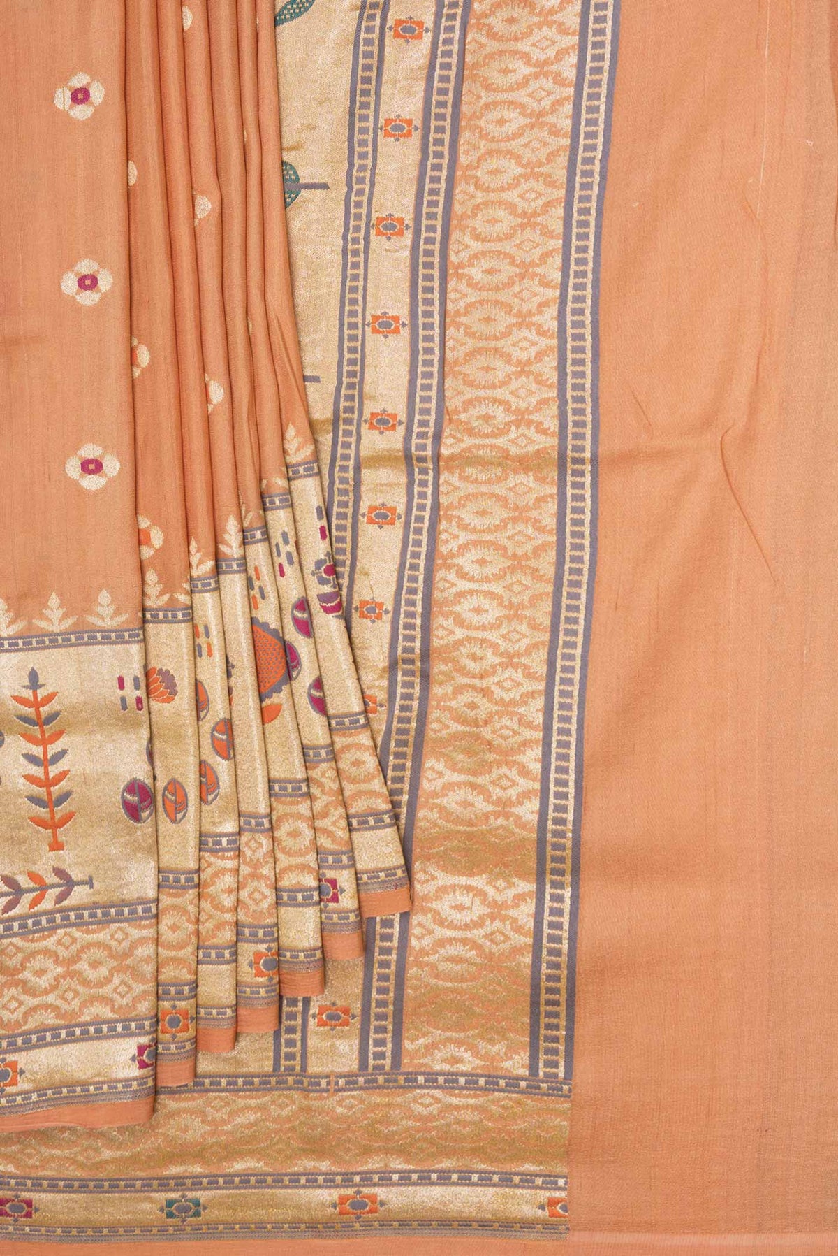Pleats and pallu of Golden Peach Dual Tone Tussar Silk Saree with Zari And Thread Butta on the body and Zari Border