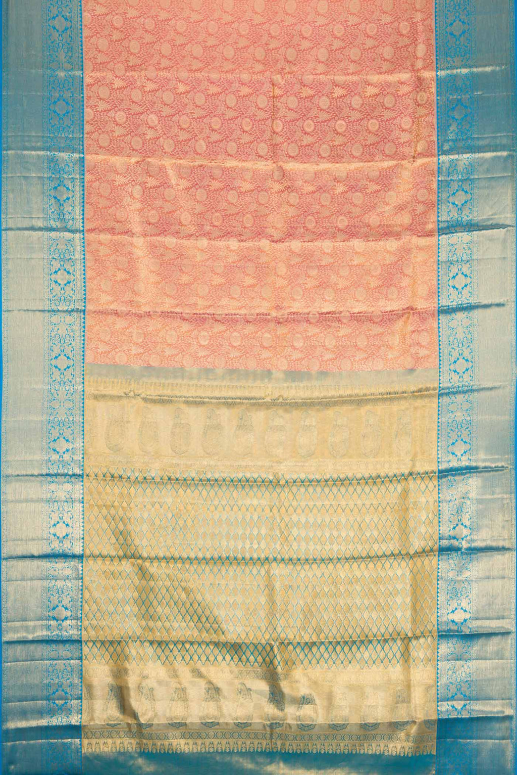 Flat view of Pink Dual Tone Kanchipuram Tissue Silk Saree with Zari Brocade on the body and Zari Border. 