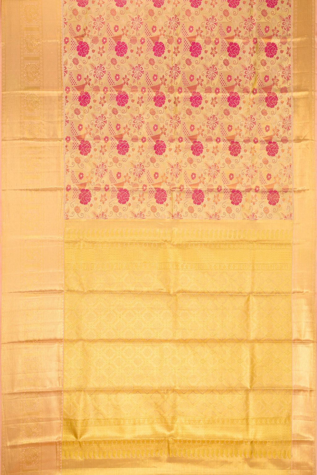 Flat view of Gold Dual Tone Kanchipuram Tissue Silk Saree with Zari Brocade on the body and Zari Border. 