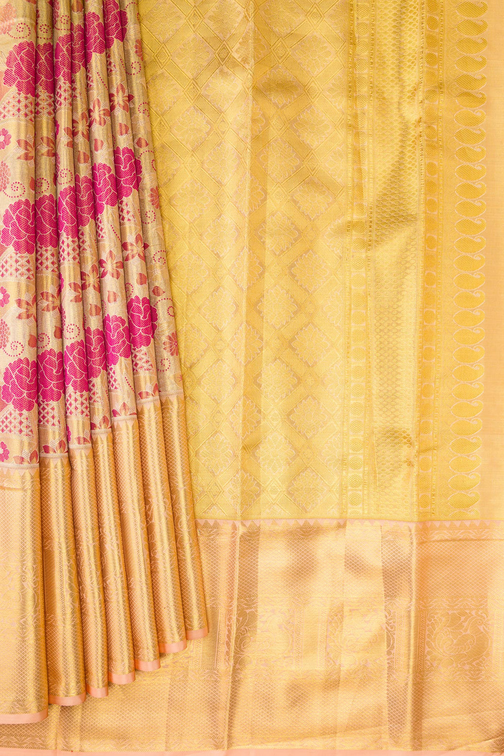 Pleats and pallu of Gold Dual Tone Kanchipuram Tissue Silk Saree with Zari Brocade on the body and Zari Border. 