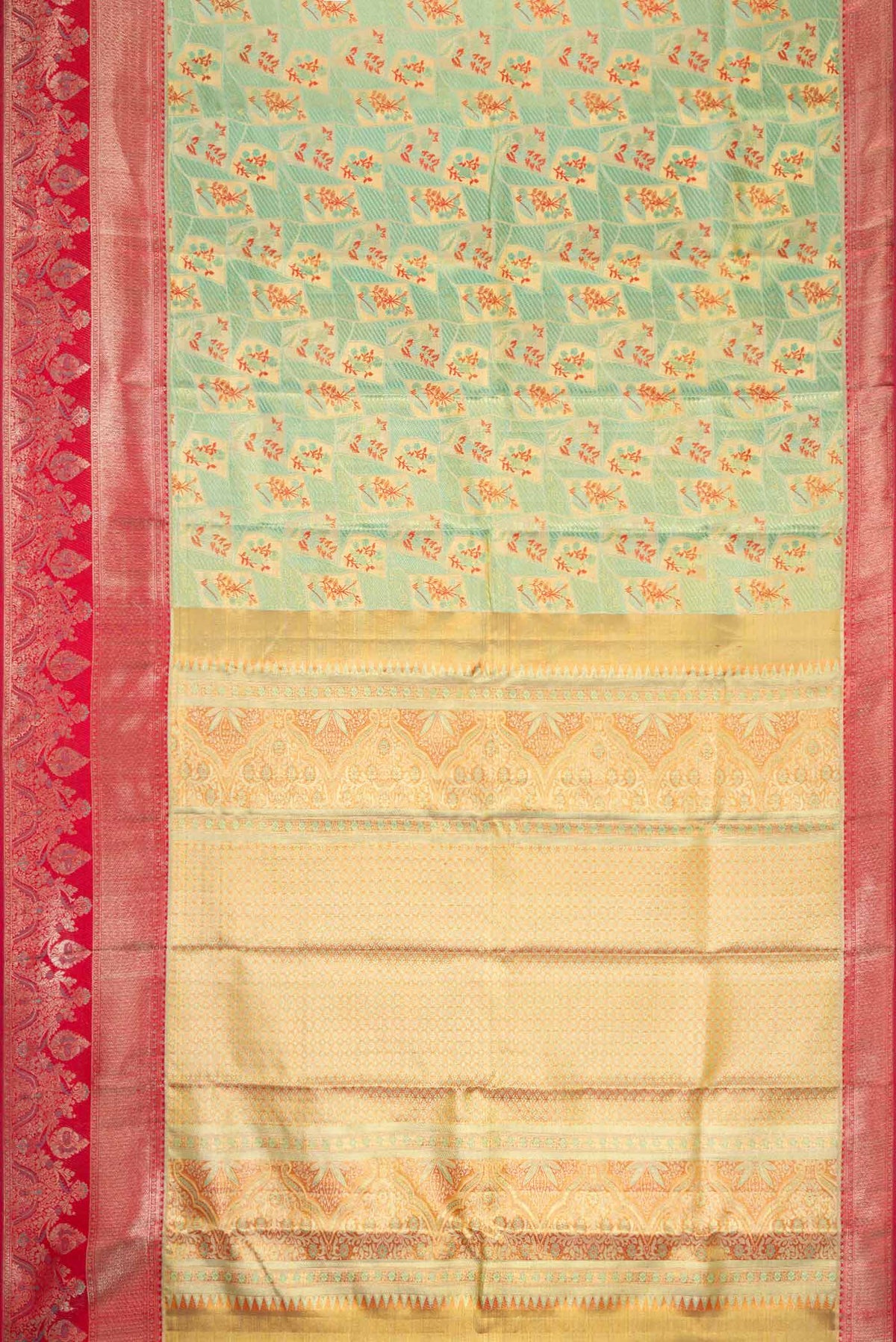 Flat view of Green Dual Tone Kanchipuram Tissue Silk Saree with Zari Brocade on the body and Fancy Border. 