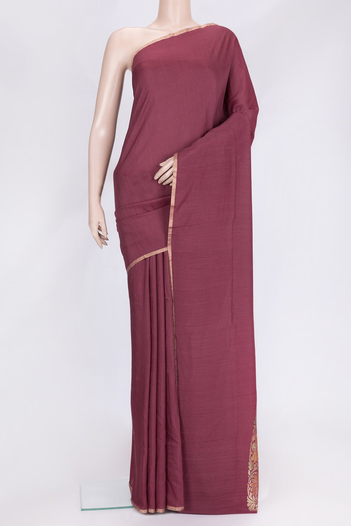 Maroon Dual Tone Tussar Silk Saree with Plain Body and Thin Zari Line.  displayed on a mannequin