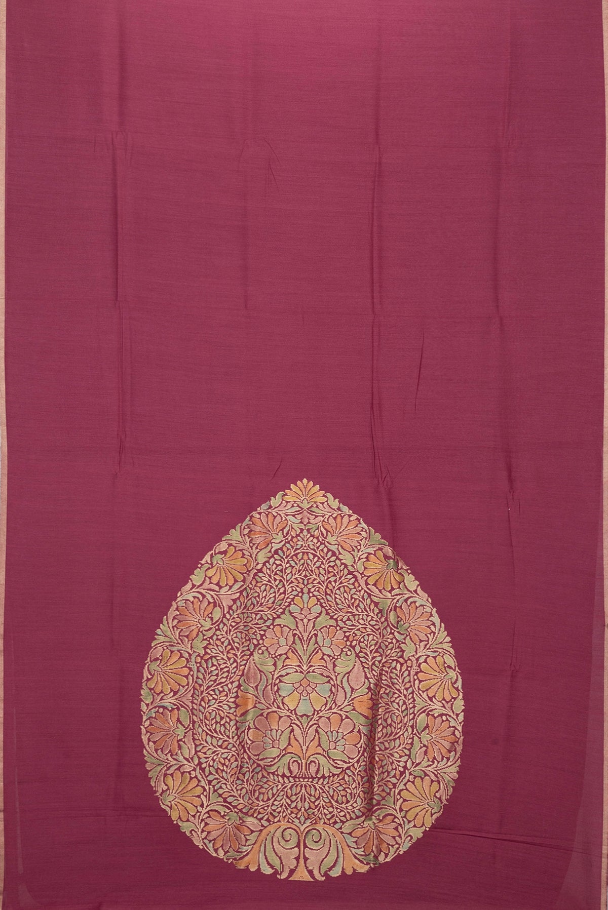 Flat view of Maroon Dual Tone Tussar Silk Saree with Plain Body and Thin Zari Line. 