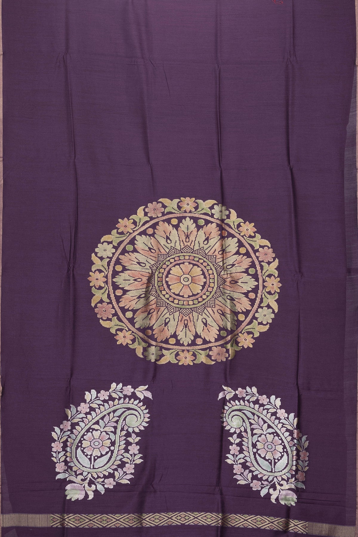 Flat view of Burgundy Dual Tone Tussar Silk Saree with Plain Body and Fancy Border. 