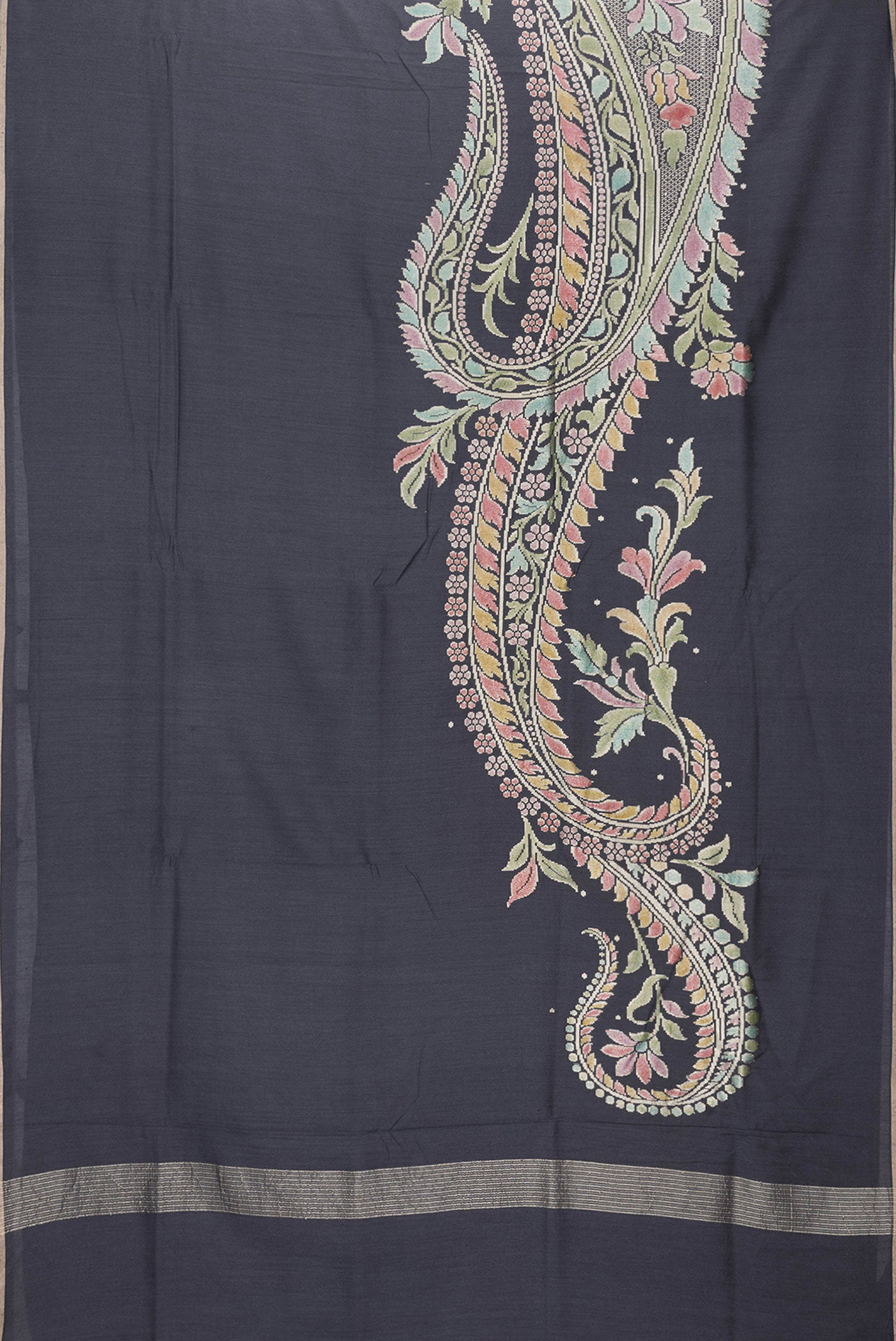 Flat view of Grey Dual Tone Tussar Silk Saree with Plain Body and Fancy Border. 