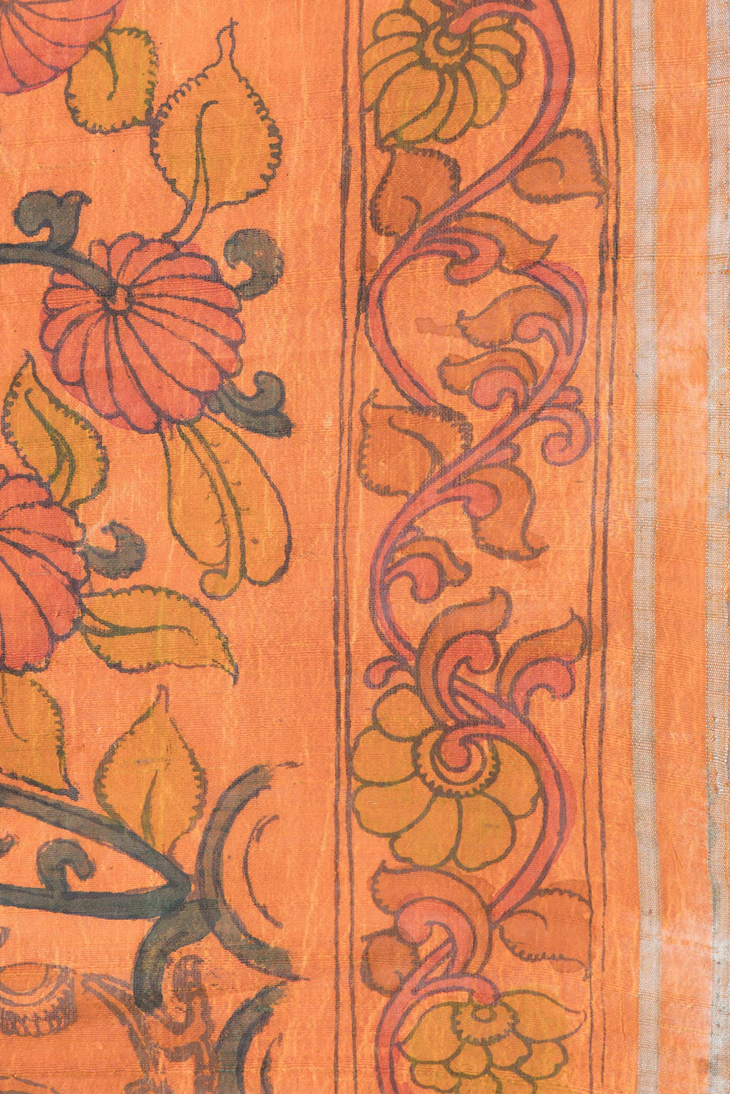 Border image of Orange Dual Tone Tussar Silk Saree with kalamkari Print on the body and Printed Border. 