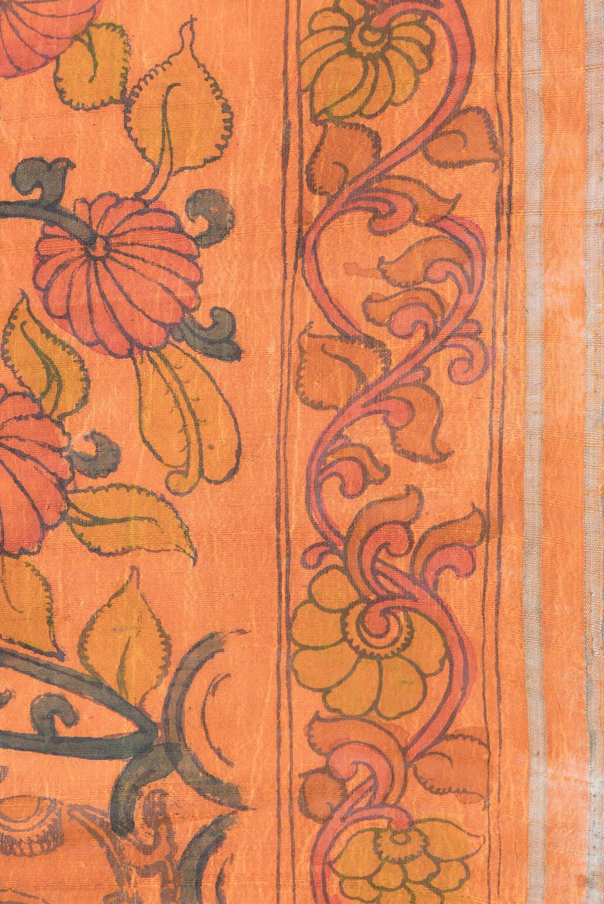Border image of Orange Dual Tone Tussar Silk Saree with kalamkari Print on the body and Printed Border. 