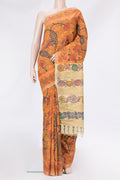 Orange Dual Tone Tussar Silk Saree with kalamkari Print on the body and Printed Border.  displayed on a mannequin