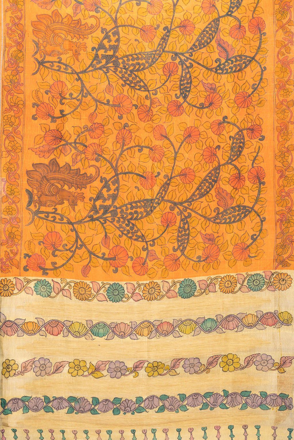 Flat view of Orange Dual Tone Tussar Silk Saree with kalamkari Print on the body and Printed Border. 