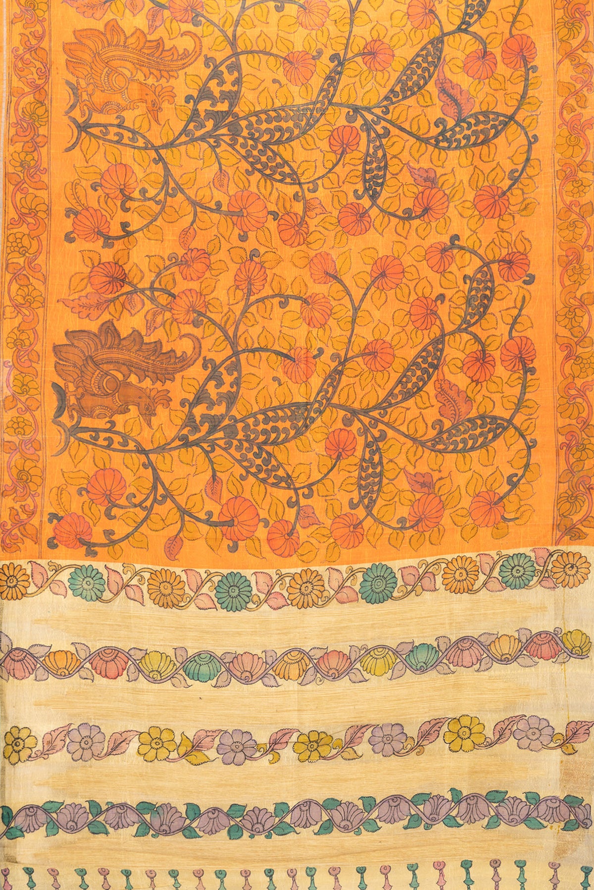Flat view of Orange Dual Tone Tussar Silk Saree with kalamkari Print on the body and Printed Border. 