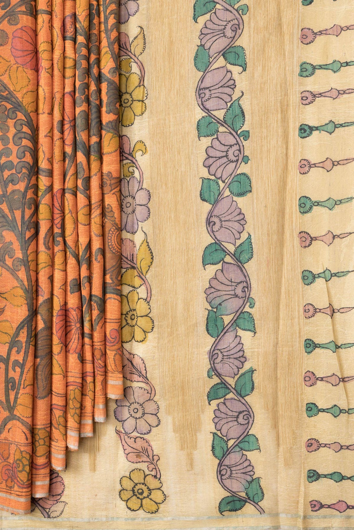 Pleats and pallu of Orange Dual Tone Tussar Silk Saree with kalamkari Print on the body and Printed Border. 