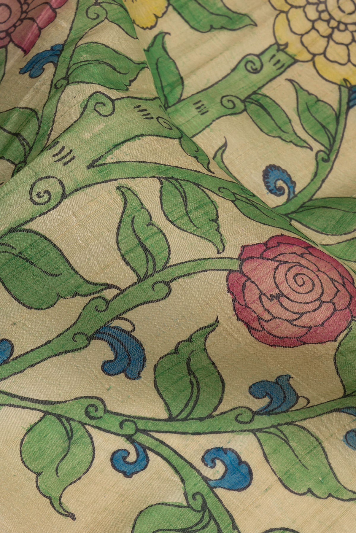 Close up of Beige Dual Tone Raw Silk Saree with kalamkari Print on the body and Zari Border.  displaying folds