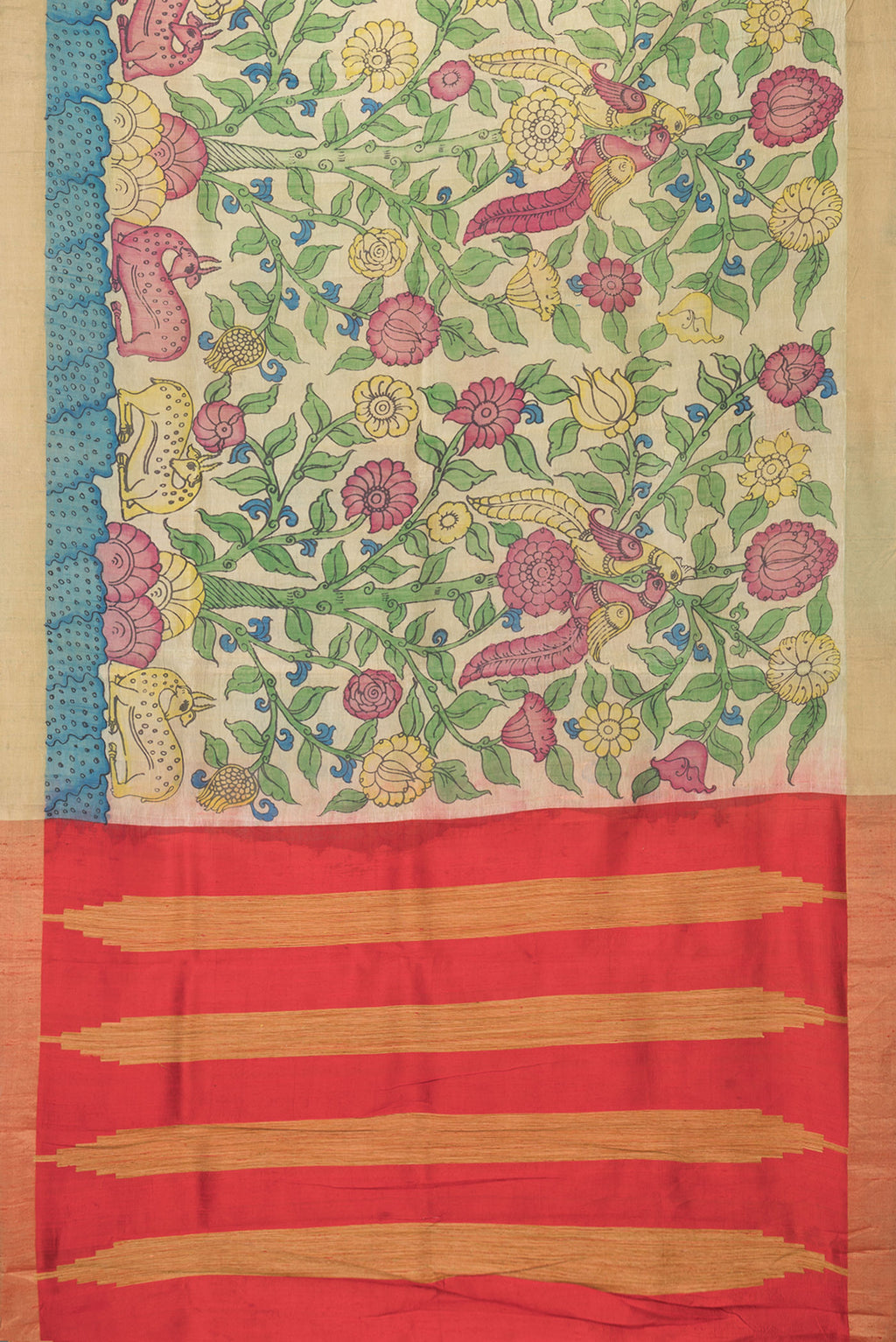 Flat view of Beige Dual Tone Raw Silk Saree with kalamkari Print on the body and Zari Border. 
