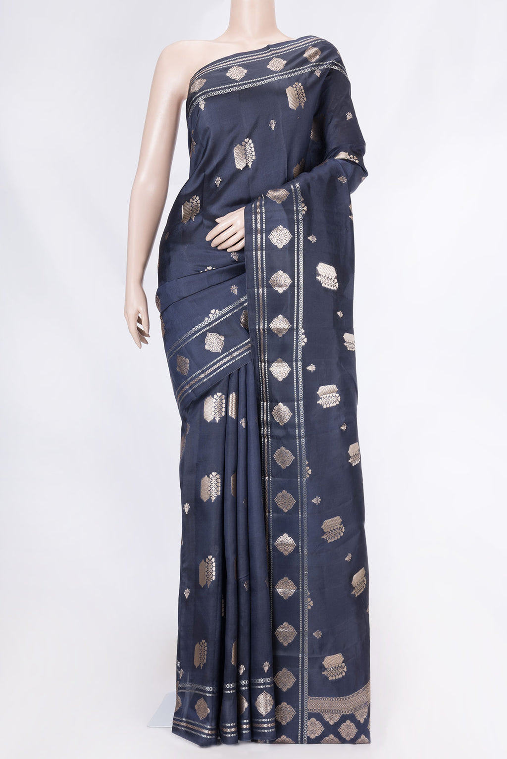 Navy Blue Banarasi Raw Silk Saree with Zari Butta on the body and Zari Border displayed on a mannequin