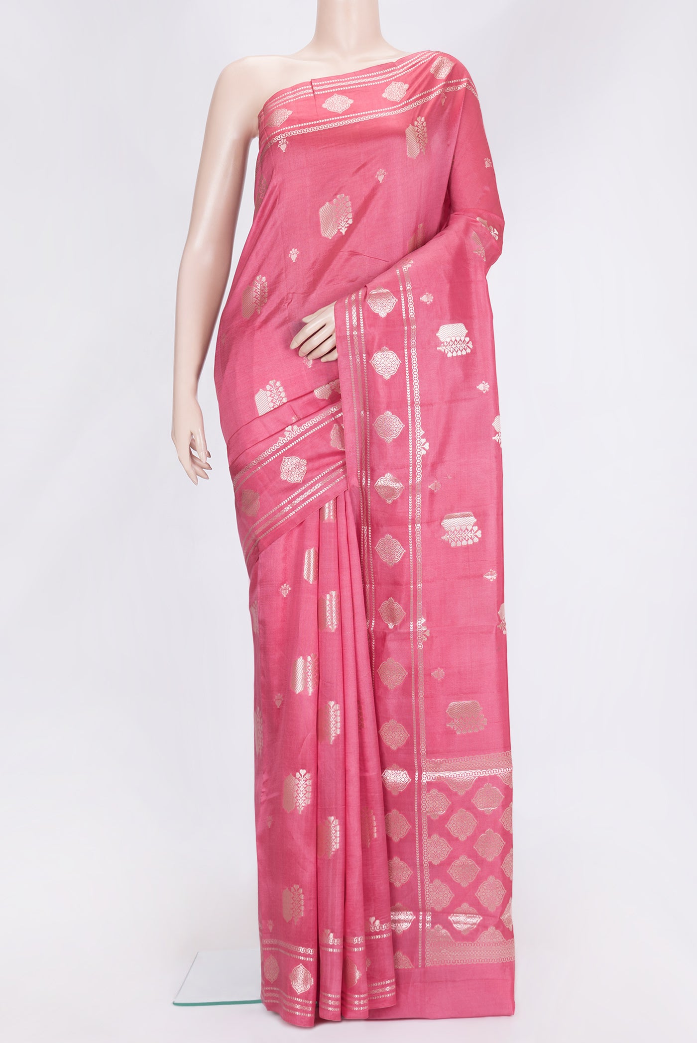 Pink Dual Tone Tussar Silk Saree with Zari Butta on the body and Zari Border.  displayed on a mannequin