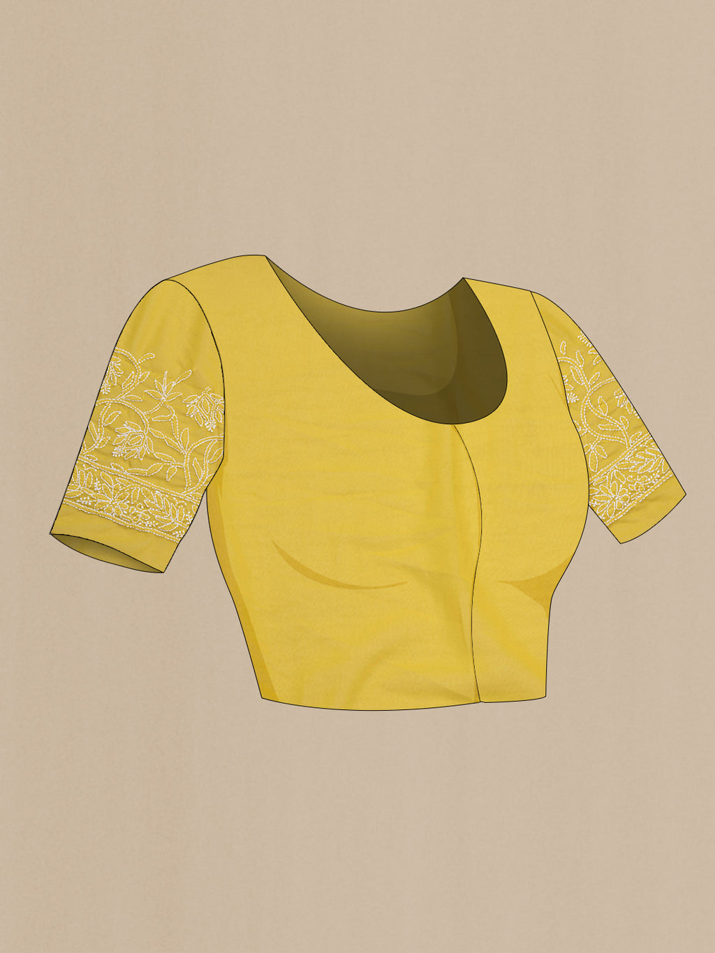 Close up image of the blouse of Lemon Yellow Georgette Saree with Embroidery on the body and Embroidery Border. 