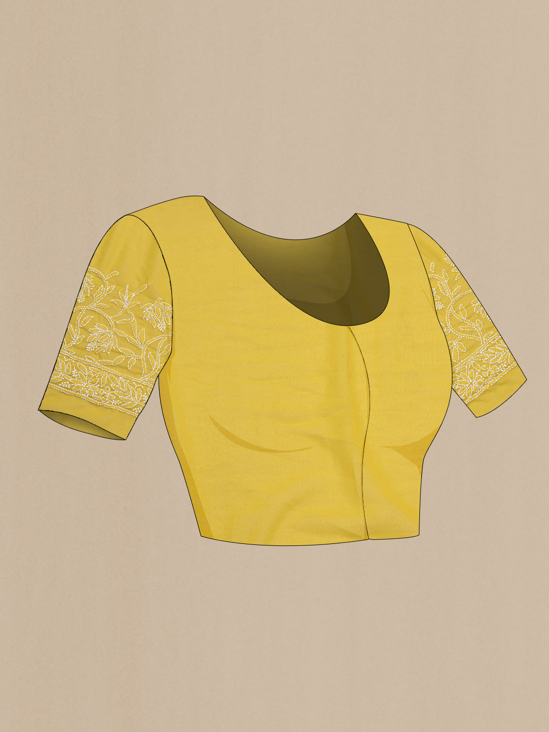 Close up image of the blouse of Lemon Yellow Georgette Saree with Embroidery on the body and Embroidery Border. 