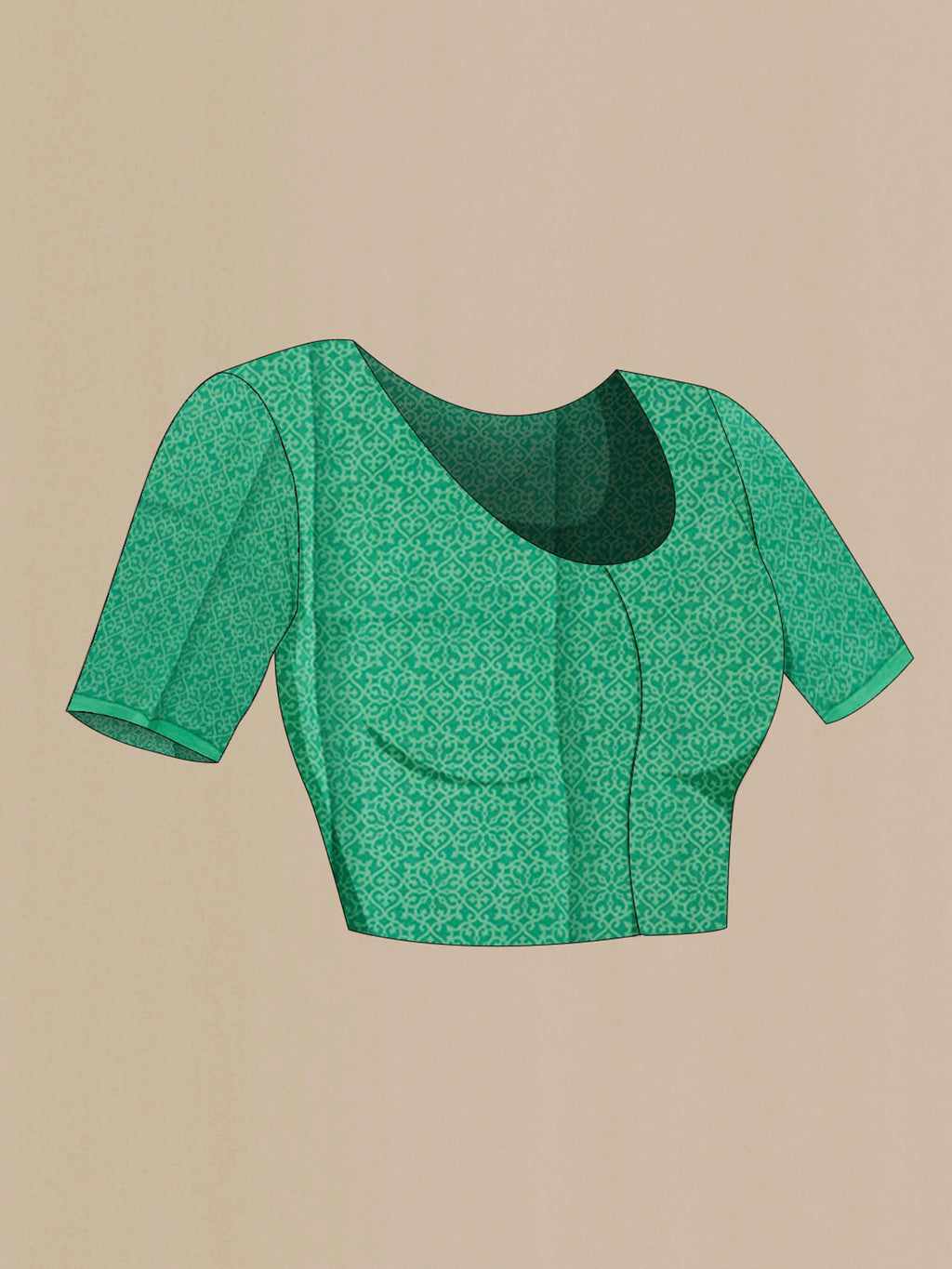 Close up image of the blouse of Green Mysore Chiffon Saree with Printed design on the body and Embroidery Border