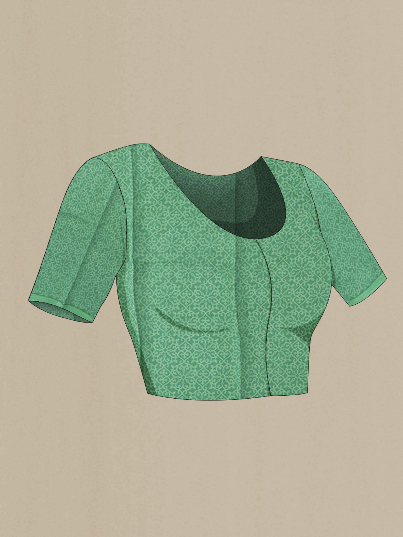 Close up image of the blouse of Green Mysore Chiffon Saree with Printed design on the body and Embroidery Border