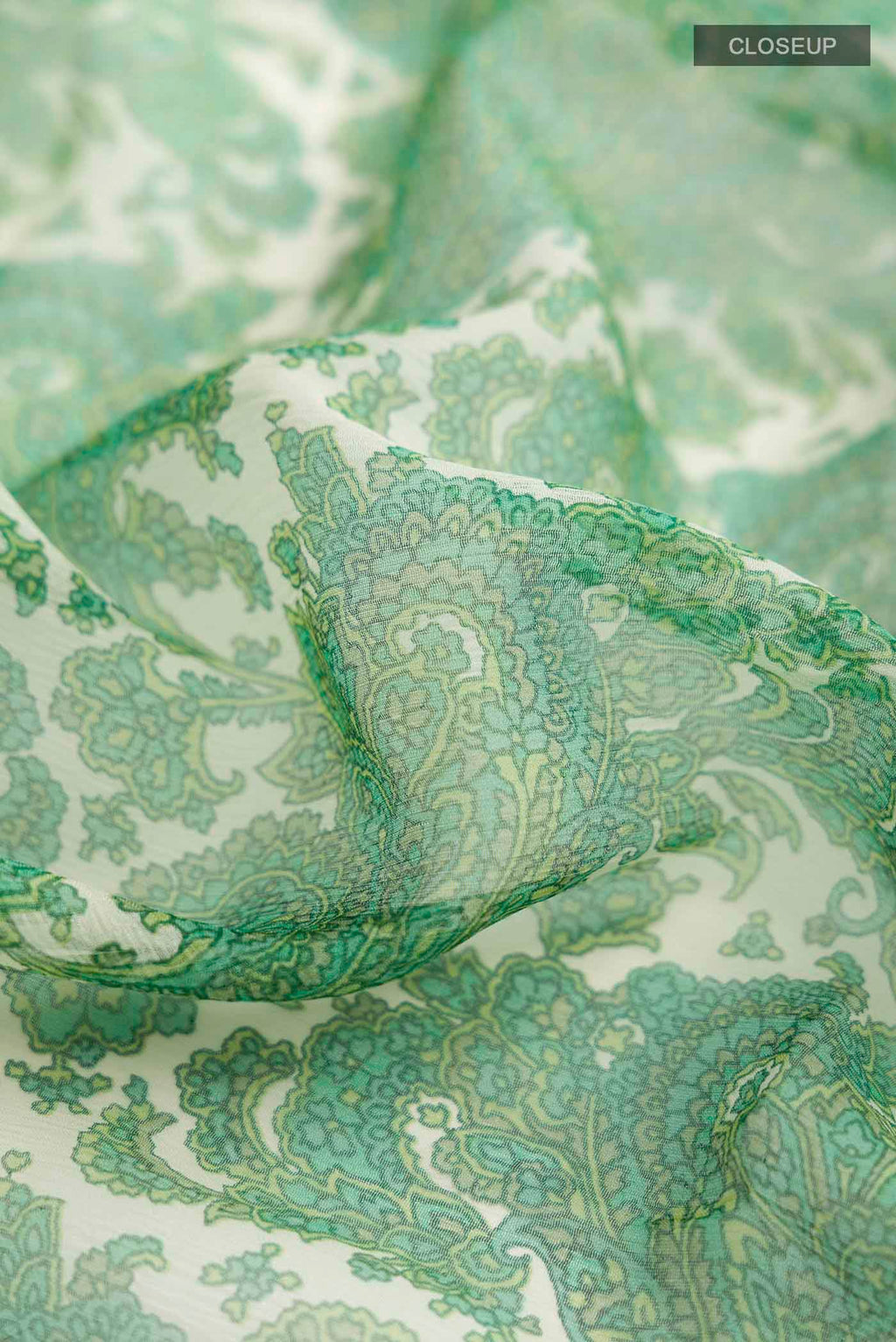 Close up of Green Mysore Chiffon Saree with Printed design on the body and Embroidery Border displaying folds