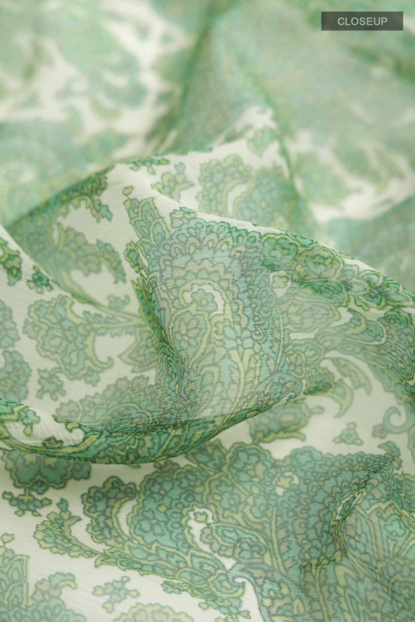 Close up of Green Mysore Chiffon Saree with Printed design on the body and Embroidery Border displaying folds