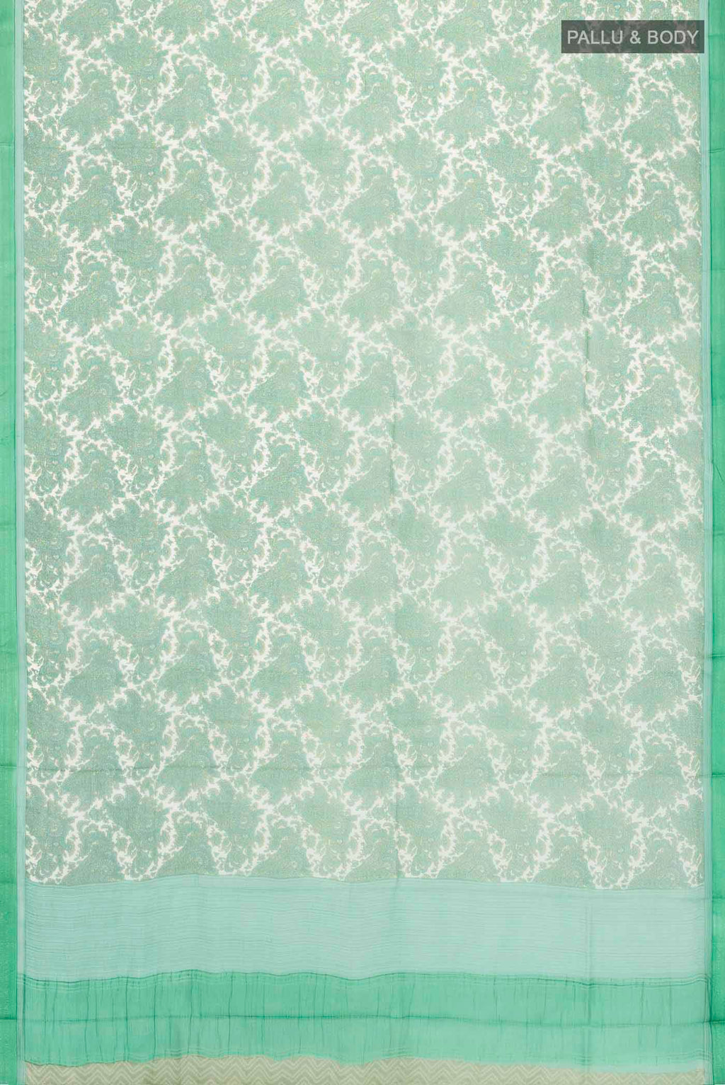 Flat view of Green Mysore Chiffon Saree with Printed design on the body and Embroidery Border